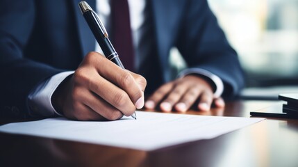 Close-up of a man's hand placing a pen on a business document, signifying the signing of a contract. Bright modern background with space for copy.