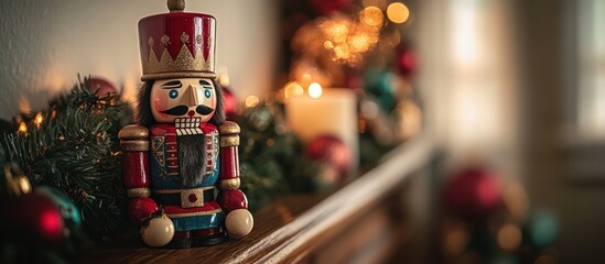 Naklejka premium Festive Nutcracker on Mantelpiece with Christmas Decorations.