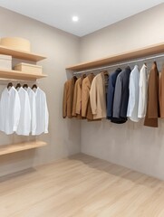 A modern closet showcasing neatly arranged clothing and accessories.