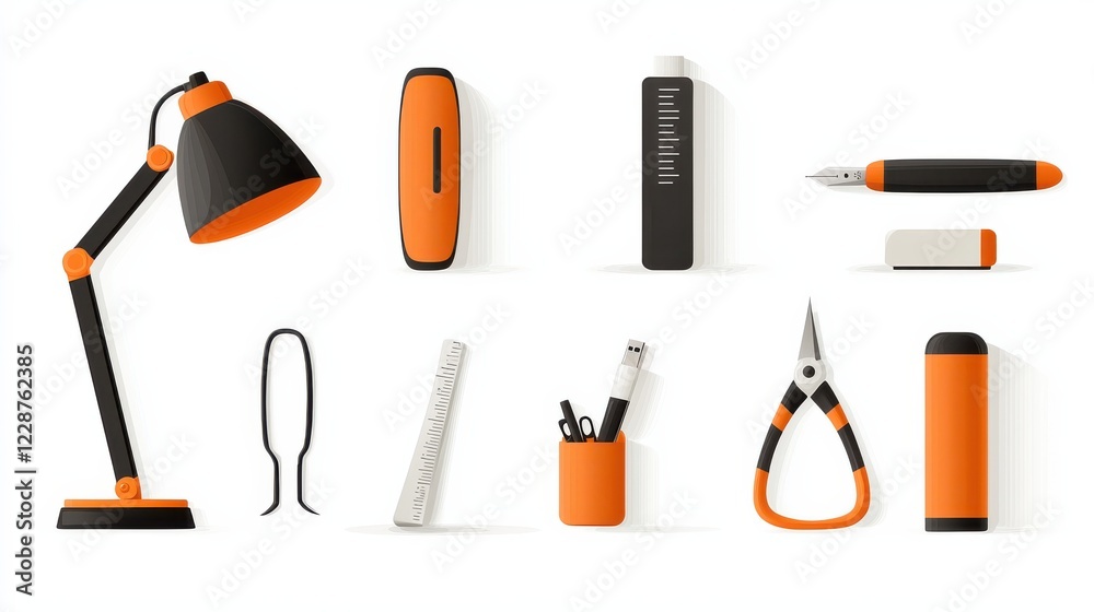 Poster Enhancing office efficiency a set of six essential desk icons featuring a lamp stapler and more for a productive workspace