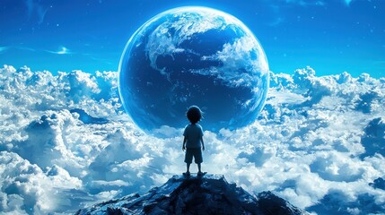 Fototapeta premium Child gazing at Earth, cloudscape, cosmic scene, hopeful future, fantasy illustration