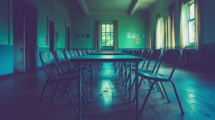 Empty Room with Chairs and Table Under Dim Light and Shadows
