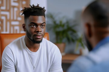 A young Black man engages in a heartfelt discussion with a therapist in a comfortable office setting, emphasizing the importance of mental health support and personal development
