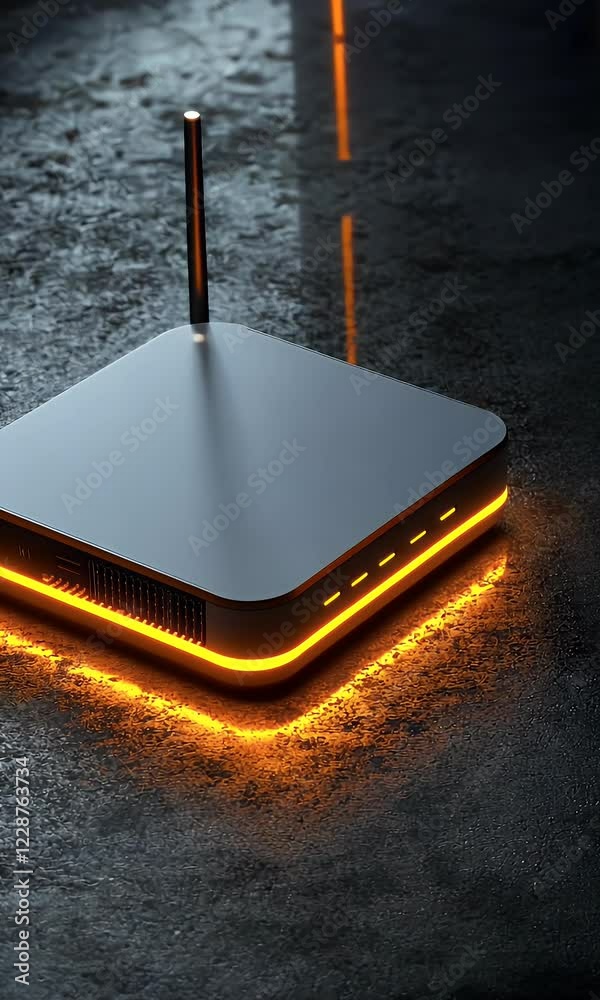 Poster illuminated router on dark surface, network connectivity