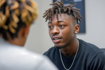 A young Black man shares his thoughts and feelings with a therapist in a confidential office, focusing on mental health enhancement and personal development through conversation