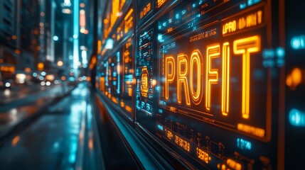 A vibrant cityscape showcasing glowing neon signs representing profit and success.