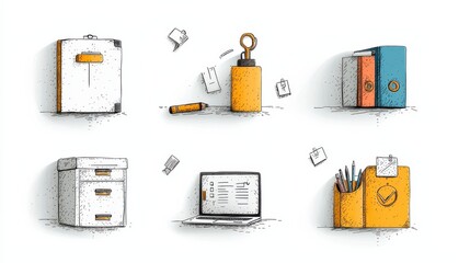 Organizing office supplies with six essential icons file cabinet paper clips and more in a modern workspace environment