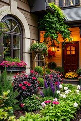 Fototapeta premium Charming Home Exterior with Vibrant Flower Garden and Landscaping. Beautiful summer flowers in full bloom in front of a house with a welcoming entrance.