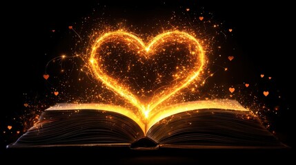 Magical heart sparks from open book fantasy realm digital art black background wide shot love concept