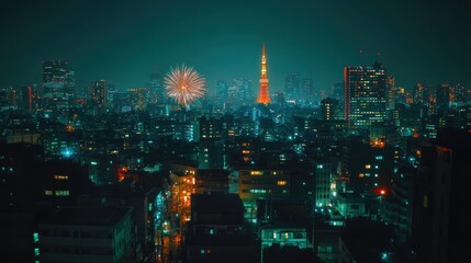 lofi with sketch, chill, Vibrant fireworks lighting up the night sky over Tokyo, with colorful explosions reflecting off the cityscape.