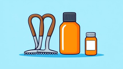 Gardening Tools and Orange Bottles on a Light Blue Background