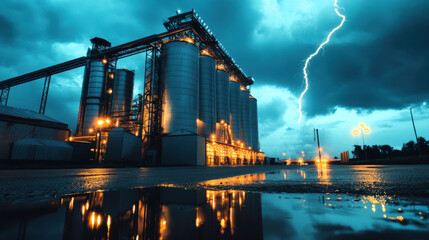 Industrial factory with modern silos illuminated at night under dramatic skies with lightning in urban settings for power themes