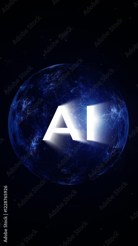 Wall mural dark blue glowing sphere with loop ai alphabet caption vertical animation.