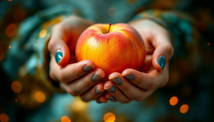 Peach on palm hand HD picture. Fresh peach HD photo