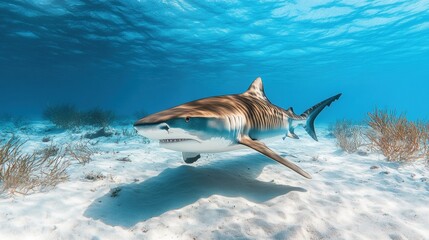 Obraz premium Shark swimming in clear waters ocean depths underwater marine environment side view