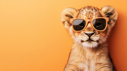 Cute lion cub wearing sunglasses, orange background,  animal portrait, for advertising