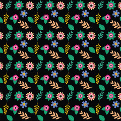 Seamless pattern with flowers and leaves on a black background.