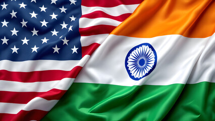 India and America flags together, Indian tricolour flag with map of United States of America.
