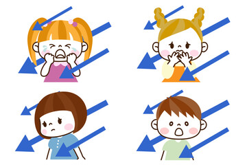 下向きの矢印としょんぼりかわいいキッズ