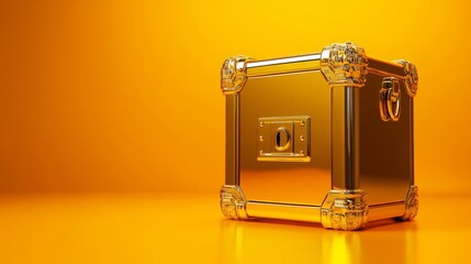 A hyper-realistic golden safe box, isolated on a vibrant orange background, sharp details