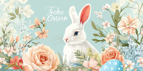 Frohe Ostern - Karte gezeichneter Osterhase mit Ostereier. Ostergr&uuml;sse im Comicstil mit freundlichen Osterhasen.