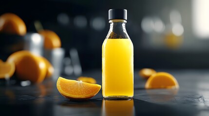 A bottle of fresh orange juice with a slice of orange