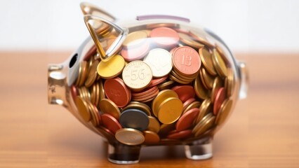 transparent glass piggy bank filled to the brim with colorful coins in various shades of pink, gold, and green. piggy bank and coins