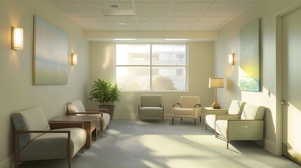Fototapeta premium A therapy office features soft lighting and comfortable seating arranged to encourage conversation, with calming artwork and natural light creating a peaceful atmosphere
