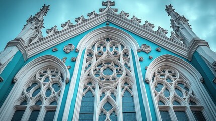 Fototapeta premium Teal Gothic church facade, low angle, cloudy sky, travel brochure