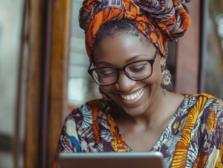 Fototapeta premium Woman Wearing Turban Looks at Laptop