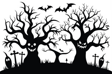 black Halloween Horror Trees Black Silhouettes white background