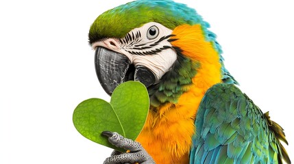 Fototapeta premium Closeup portrait parrot holding heart shape leaf white background, valentines day celebration 