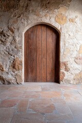 Old wooden door in a stone archway