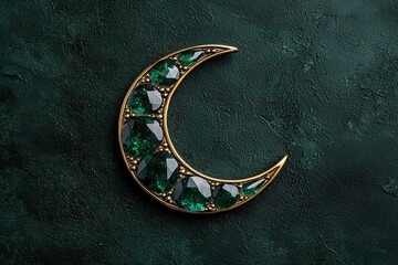 Crescent moon with green gems on dark background
