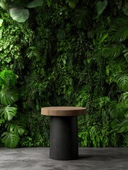 Dark wooden and black pedestal against a lush green wall