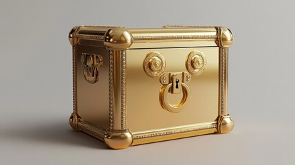 A polished golden safe box, square-shaped with detailed locks, isolated on a solid grey background 