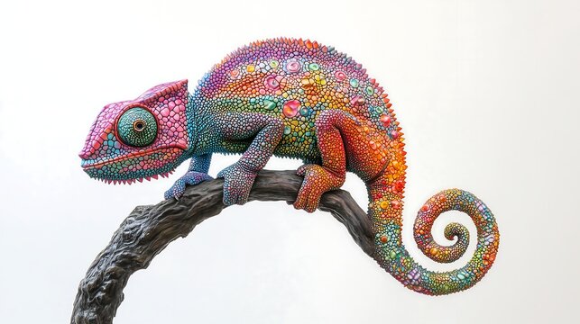 Colorful skin chameleon climbing tree branch white background