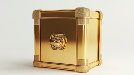 A 3D golden safe box, shining and detailed, isolated on a pure white background