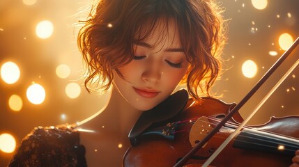 Fantasy bob cut hair style female musician with violin and magical light