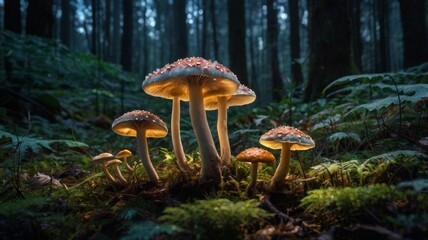 Fototapeta premium Glowing mushrooms in a dark forest illuminated from below with a mystical atmosphere