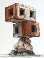 Rusty concrete blocks balanced on a rock