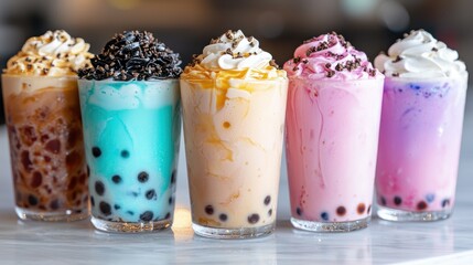 Five colorful bubble tea drinks with whipped cream and toppings