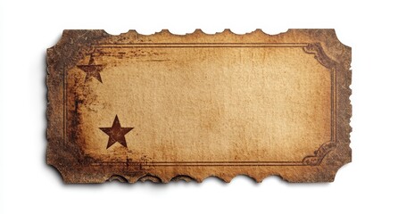 Vintage, aged, blank ticket stub with stars, isolated on white background.
