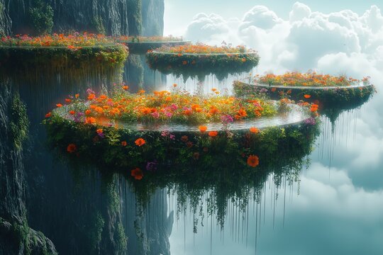 An enchanting floating garden suspended in mid-air, brimming with radiant bioluminescent flowers that glow softly in twilight. A network of translucent bridges connects smaller floating islands