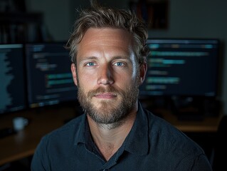 Obraz premium Focused programmer working late at night on his computer
