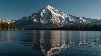 Majestic mountain peak reflected in a serene lake surrounded by a forest with clear blue sky