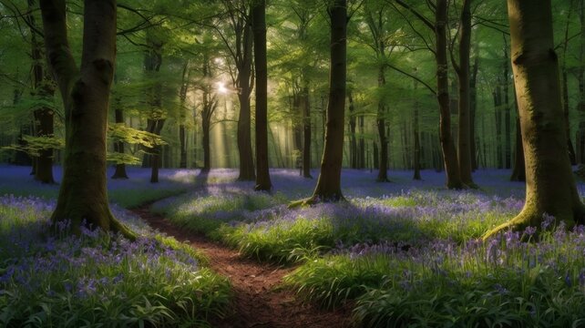 Sunlight filters through tall trees in a forest with a path lined with bluebells and green foliage