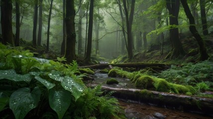 Lush green forest with a stream and mossy rocks creates a tranquil natural scene