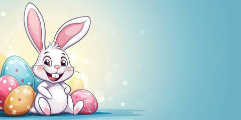 Fototapeta premium Osterkarte - Lachender Osterhase auf neutralen Hintergrund. Osterbanner. Oster Comic