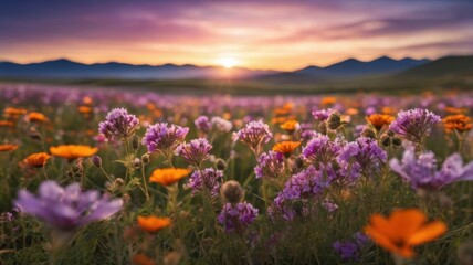 Obraz premium Field of colorful wildflowers at dusk with a mountain range silhouette in the background